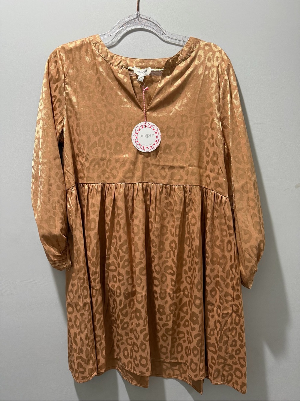 Umgee Metallic Camel Leopard Print Babydoll Dress